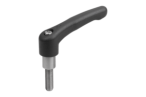 Adjustable handles, plastic with external thread and long collar, threaded pin stainless steel