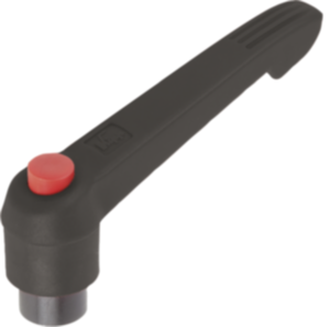 Adjustable handles, plastic with external thread and push button, threaded insert black oxidized steel